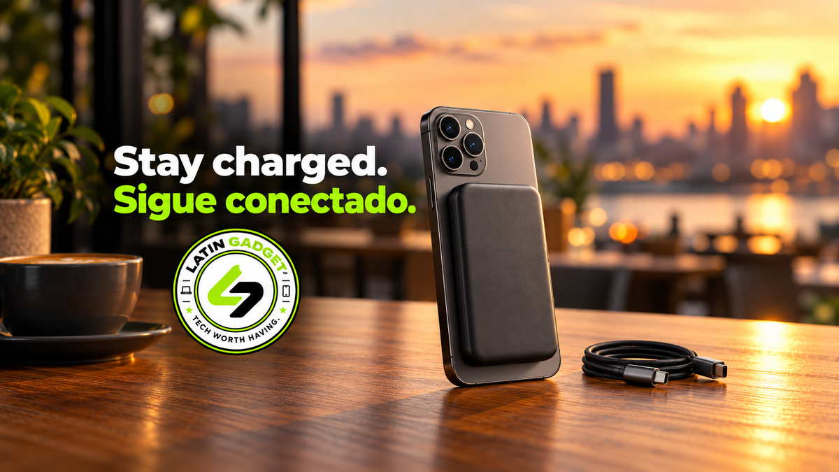 Magnetic power bank attached to a smartphone on a café table beside a USB-C cable