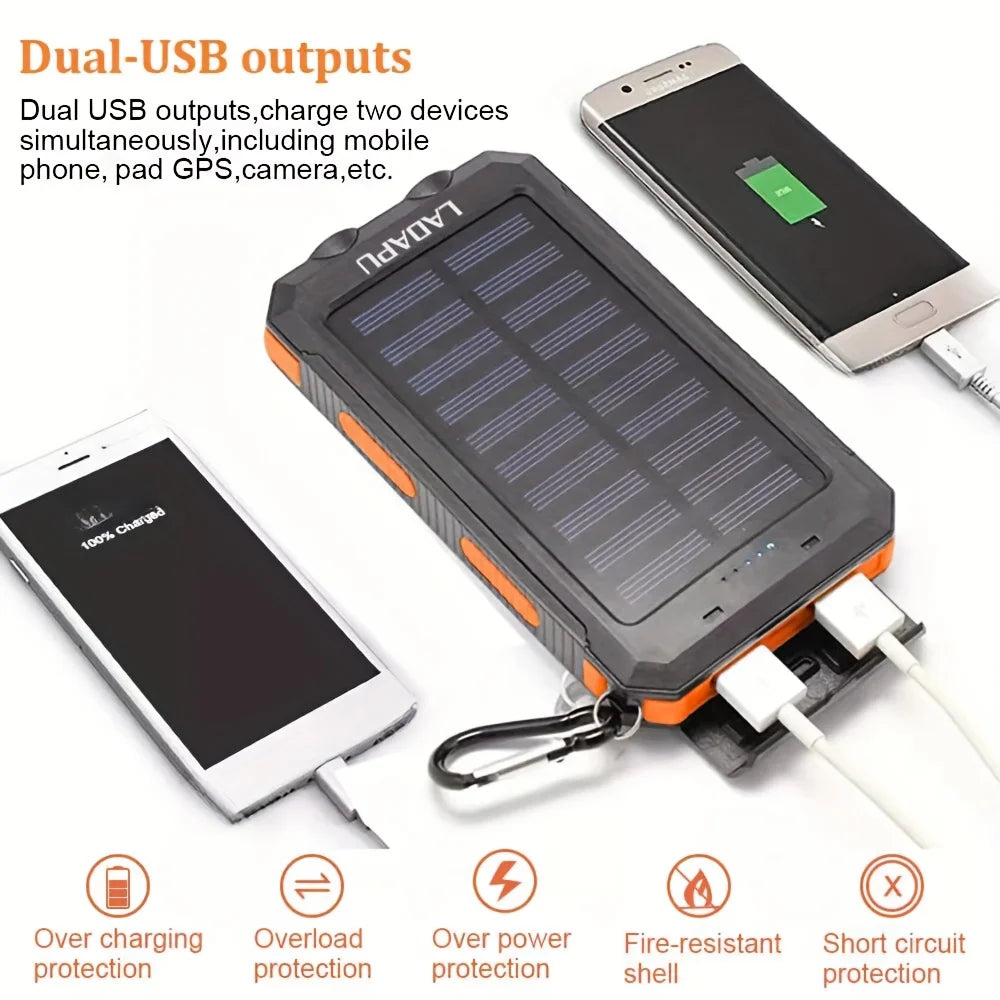 10,000mAh Solar Power Bank with LED Flashlight & Built-In Cables