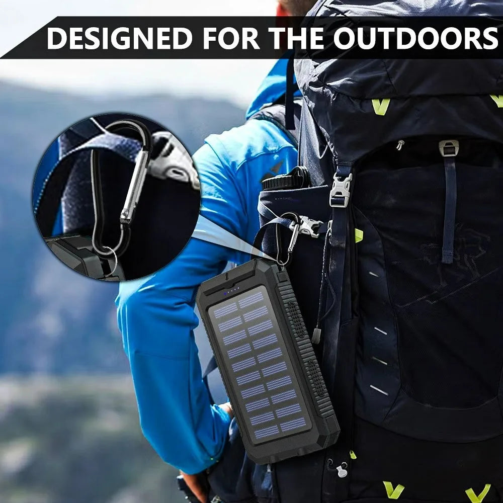 10,000mAh Solar Power Bank with LED Flashlight & Built-In Cables