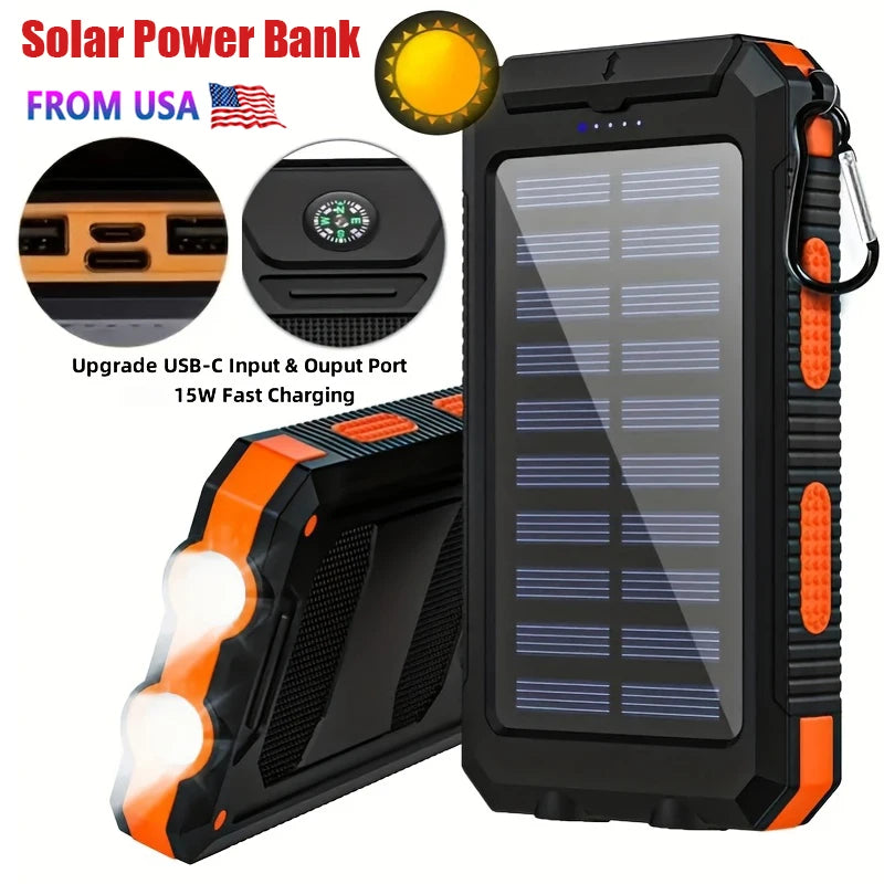 10,000mAh Solar Power Bank with LED Flashlight & Built-In Cables