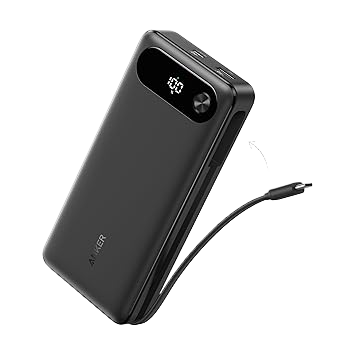Black Anker 20K power bank with a digital battery display and built-in USB-C cable.