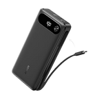 Black Anker 20K power bank with a digital battery display and built-in USB-C cable.