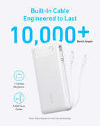 Anker 20K power bank with its built-in USB-C cable extended in a durability graphic.