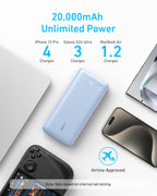 Anker 20K power bank pictured with mobile devices in a battery capacity graphic.