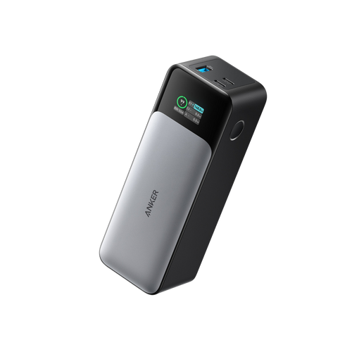 Anker 737 power bank with a digital display, two USB-C ports, and one USB-A port.
