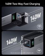 Graphic showing an Anker 737 power bank recharging and charging a laptop through USB-C.