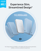 Anker MagGo 10K slim magnetic power bank shown in a charging feature graphic.