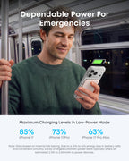 Commuter holding a phone with a beige Anker Nano MagGo 5K power bank attached on a train.