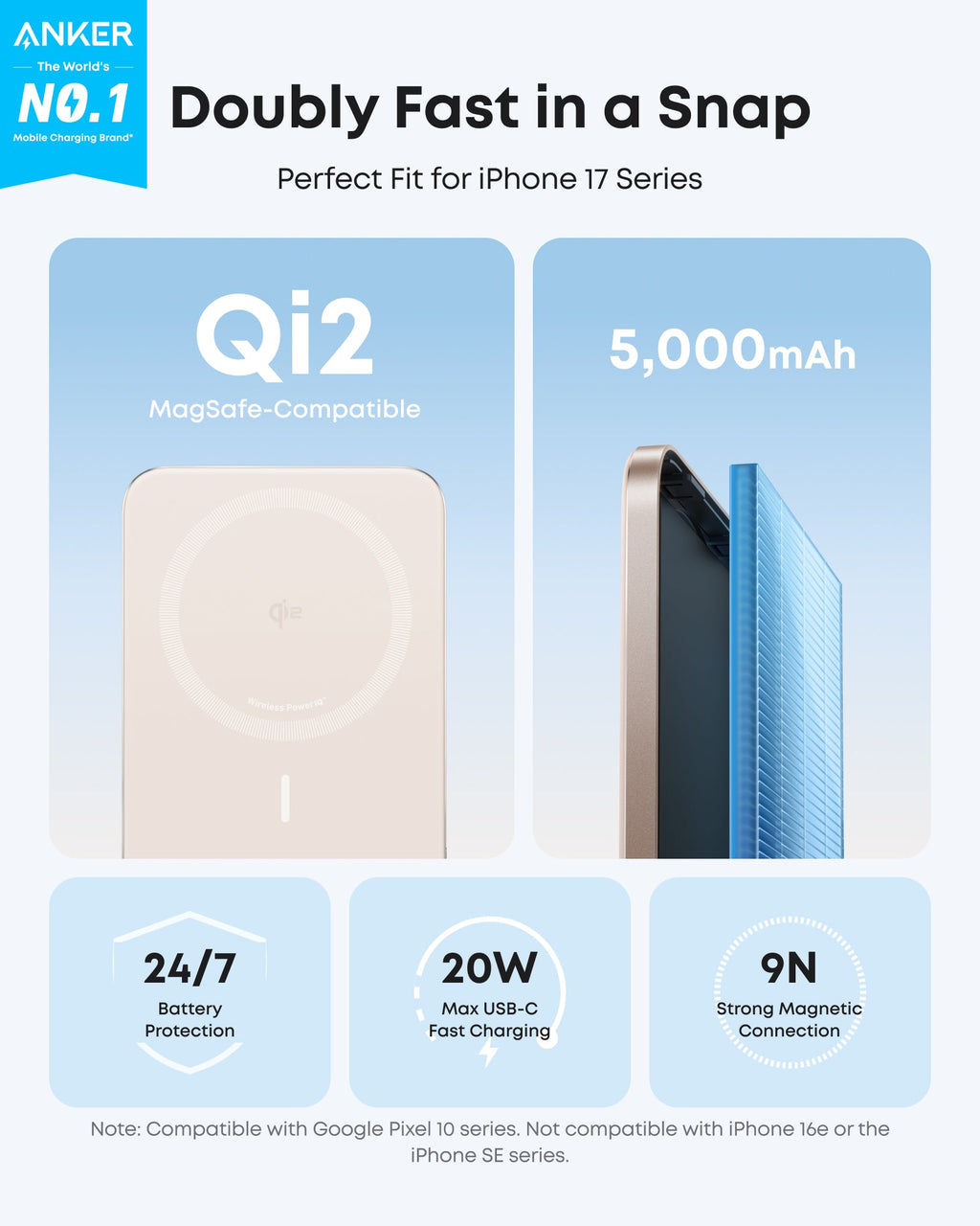 Beige Anker Nano MagGo 5K power bank shown in a Qi2 charging and magnetic connection graphic.