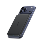 Black Anker Nano MagGo 5K power bank attached to the back of an iPhone.