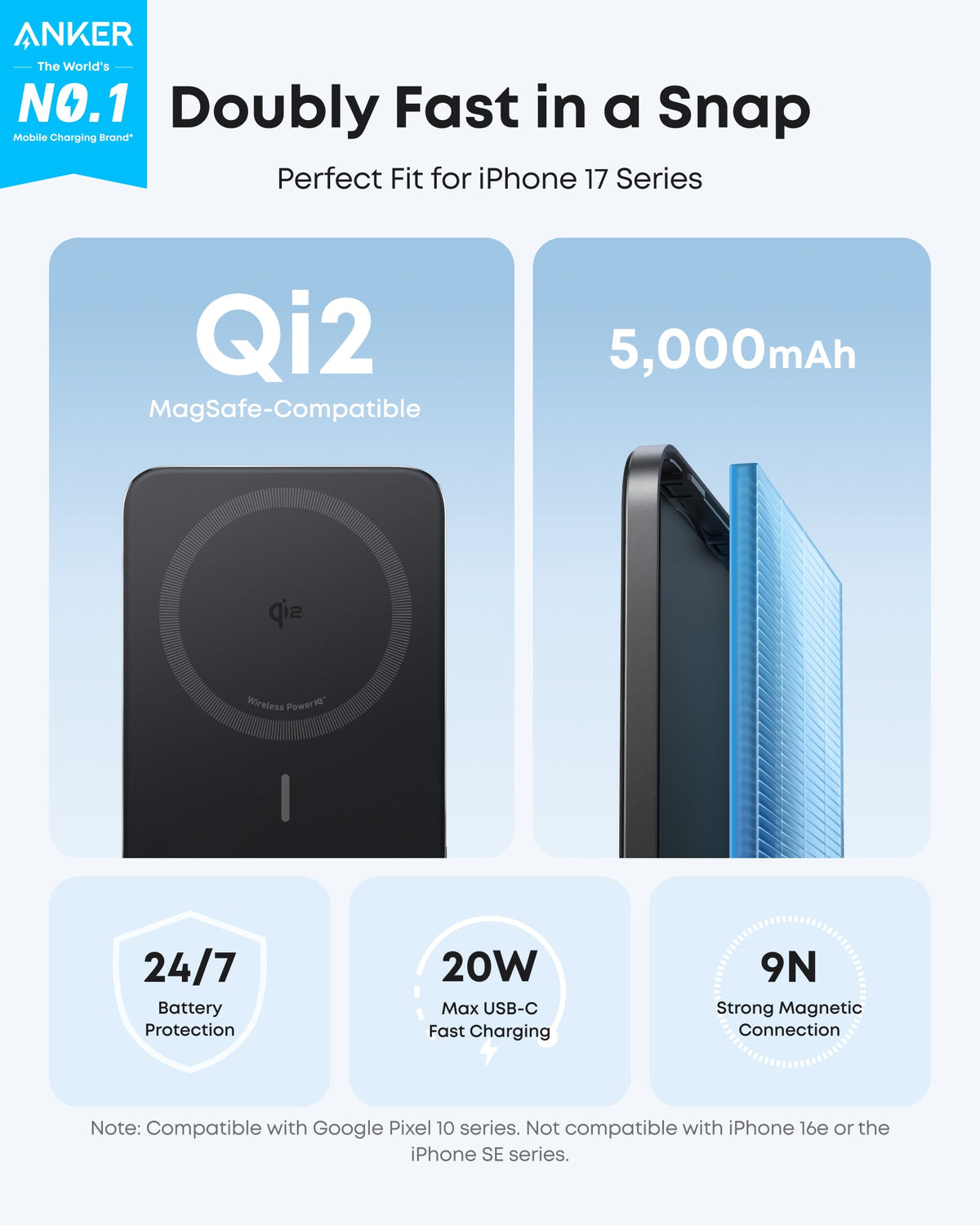 Black Anker Nano MagGo 5K power bank shown in a Qi2 charging and magnetic connection graphic.