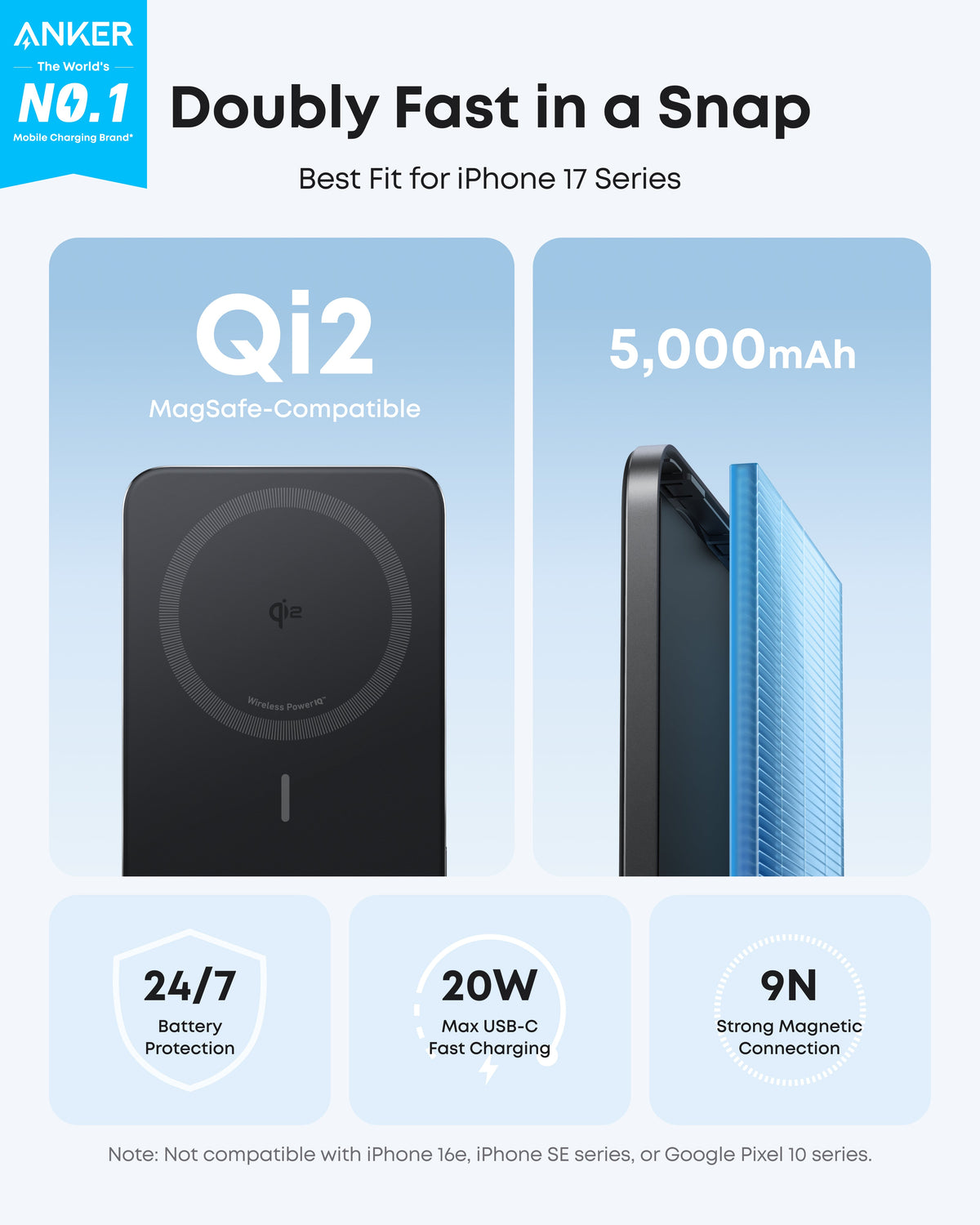 Black Anker Nano MagGo 5K power bank shown in a Qi2 charging and magnetic connection graphic.