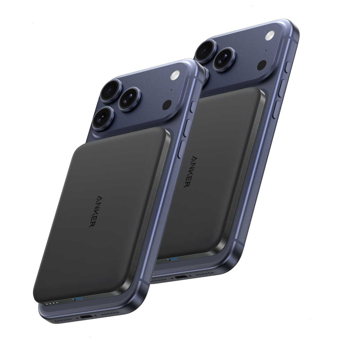 Two iPhones shown with black Anker Nano MagGo 5K magnetic power banks attached.