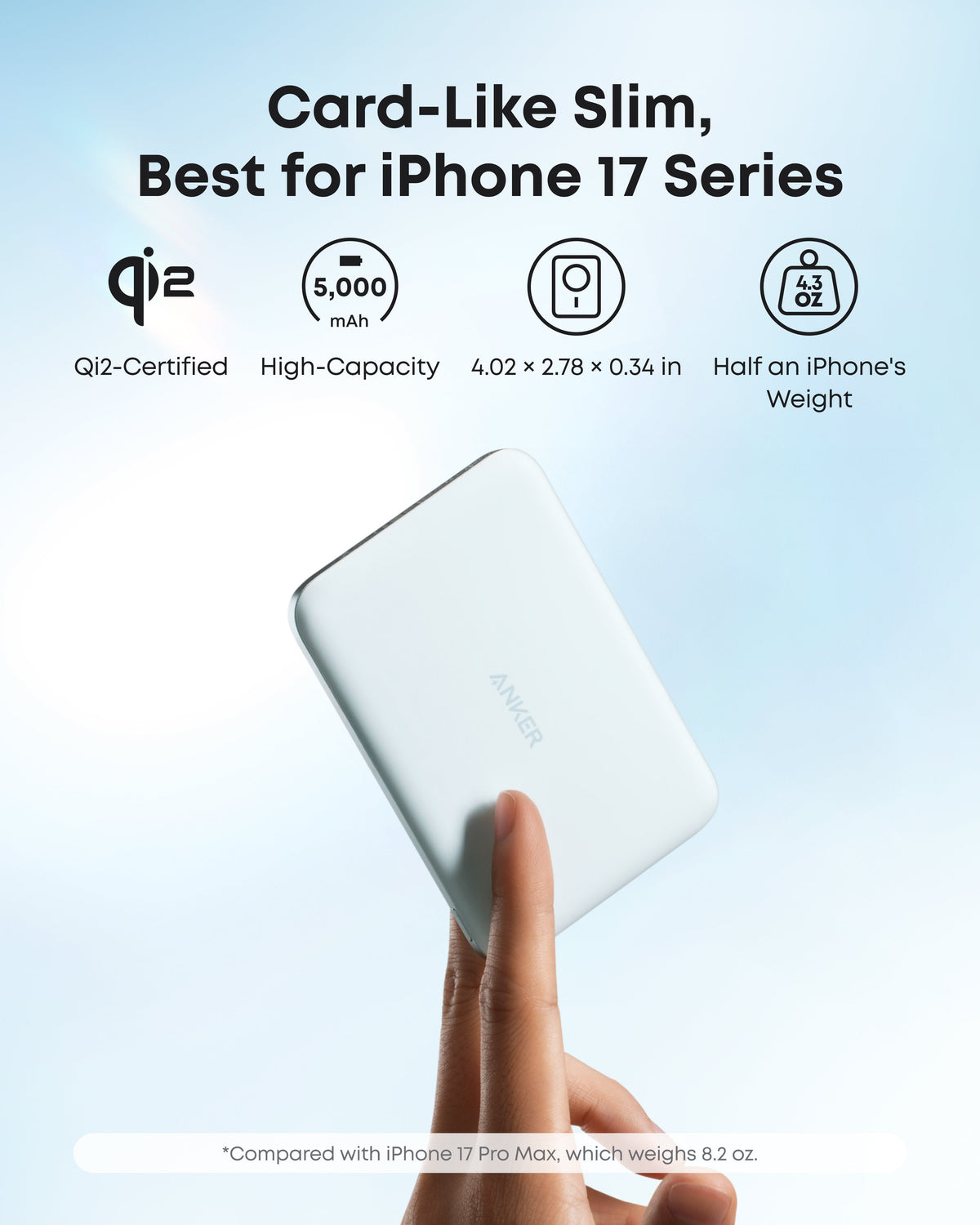 Green Anker Nano MagGo 5K power bank balanced on a finger beside size and weight details.