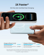 Hands aligning an iPhone with a light blue Anker Nano MagGo 5K power bank for magnetic charging.