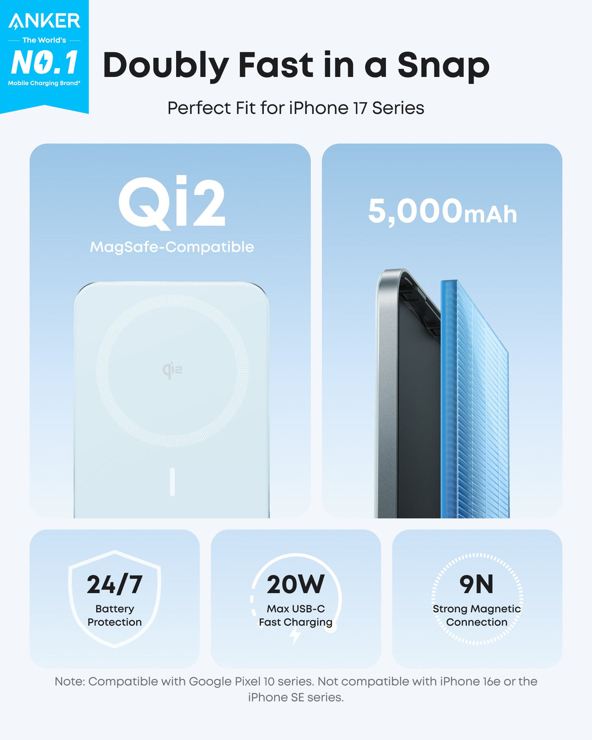 Light blue Anker Nano MagGo 5K power bank shown in a Qi2 charging and magnetic connection graphic.