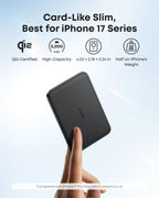 Black Anker Nano MagGo 5K power bank balanced on a finger beside size and weight details.