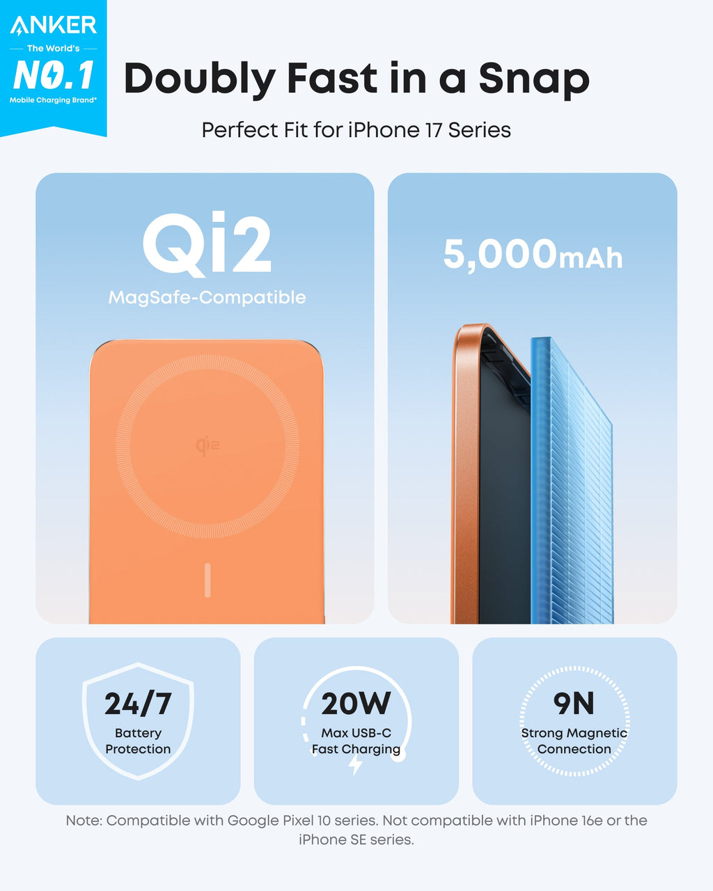 Orange Anker Nano MagGo 5K power bank shown in a Qi2 charging and magnetic connection graphic.
