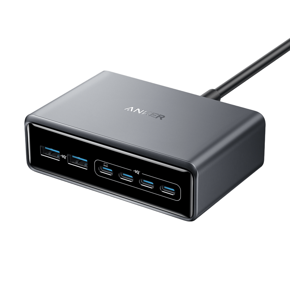 Anker Prime 200W desktop charger with four USB-C ports and two USB-A ports.