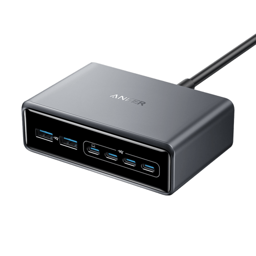 Anker Prime 200W desktop charger with four USB-C ports and two USB-A ports.