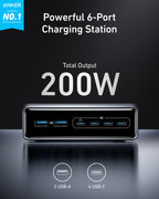 Front view graphic of the Anker Prime 200W charger showing its six USB ports.