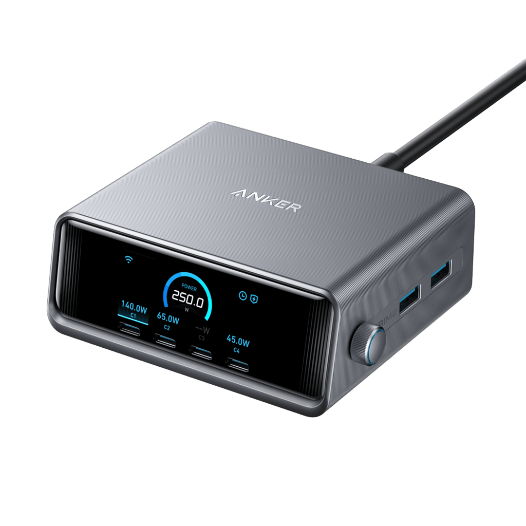 Anker Prime 250W charging station with a display, control dial, and six USB ports.