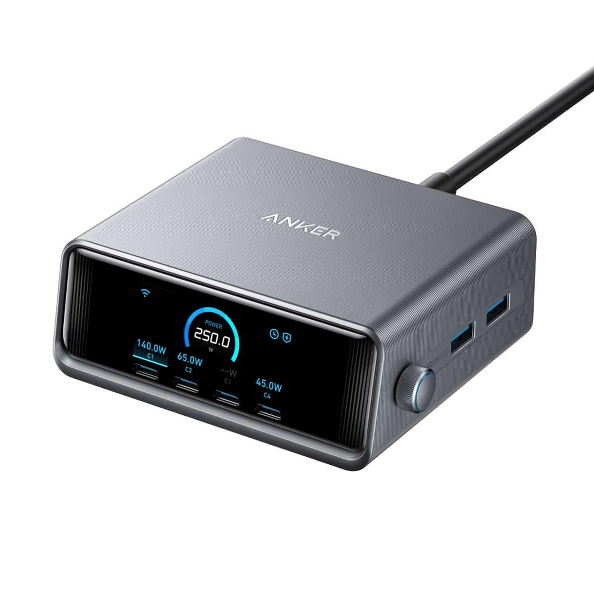 Anker Prime 250W charging station with a display, control dial, and six USB ports.