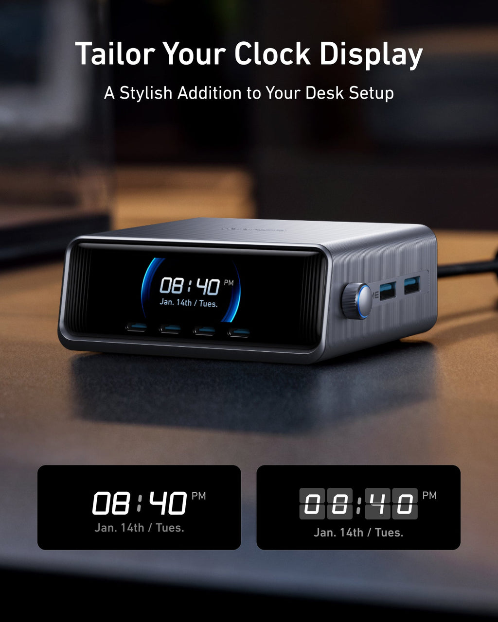 Anker Prime 250W charging station showing two clock display styles.