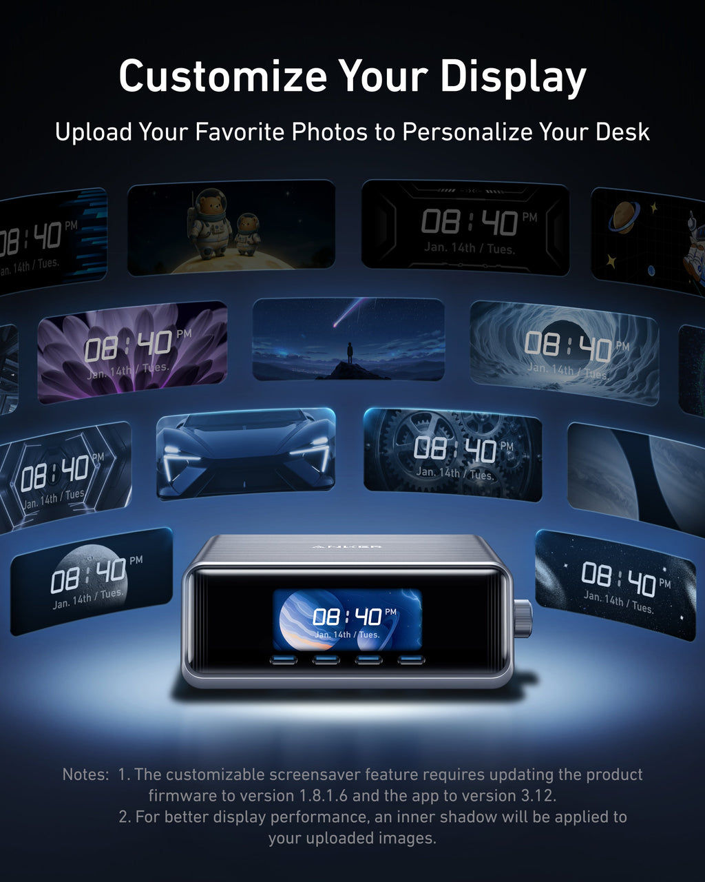 Anker Prime 250W charging station surrounded by custom clock and image display designs.