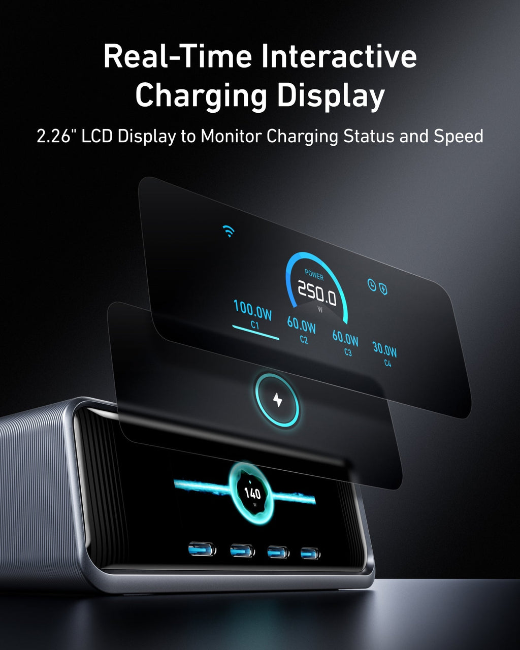 Exploded display graphic showing charging information on the Anker Prime 250W station.