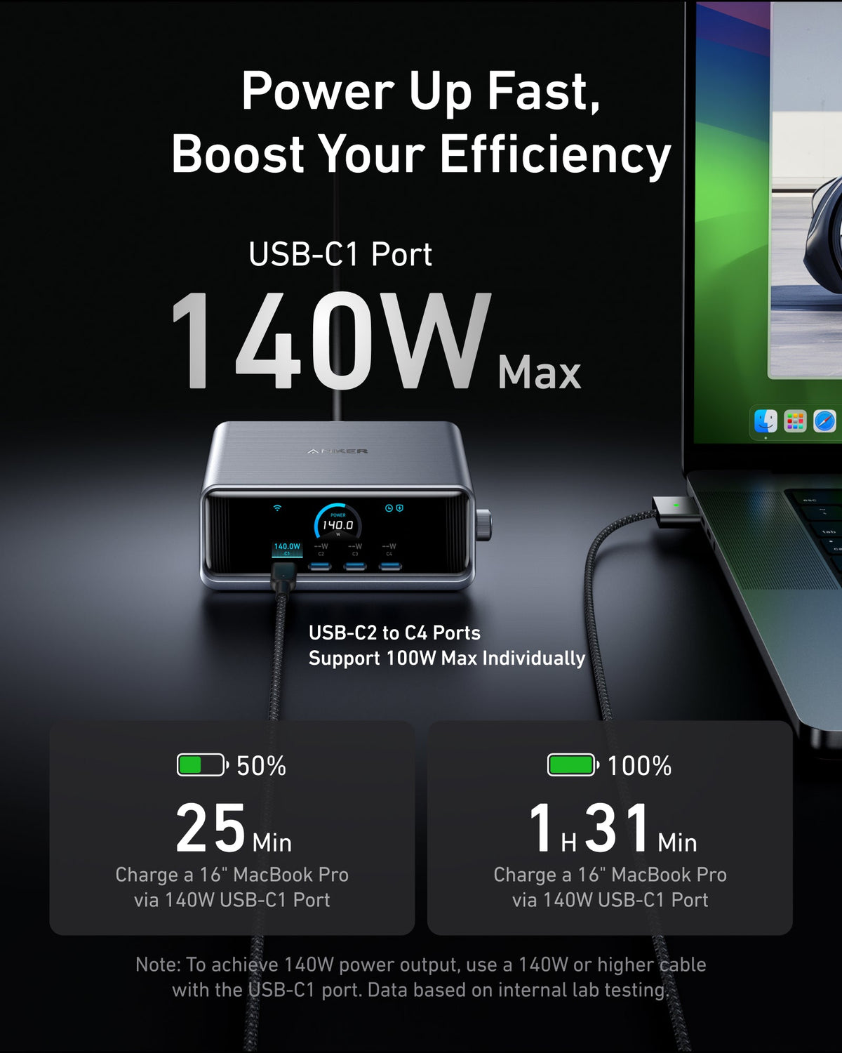 Anker Prime 250W charging station connected to a laptop through its USB-C1 port.