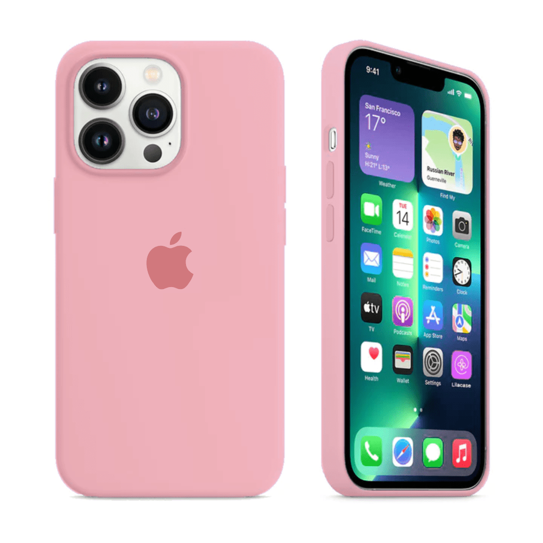 Candy pink silicone iPhone case on a triple-camera phone, showing the back and notched screen.