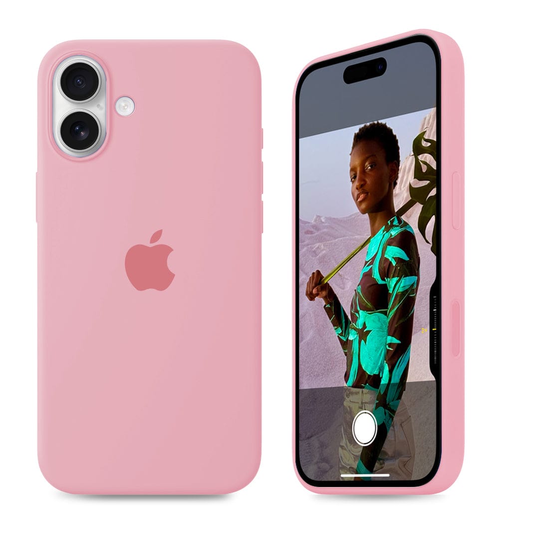 Candy pink silicone iPhone case on a vertical dual-camera phone, shown from the front and back.