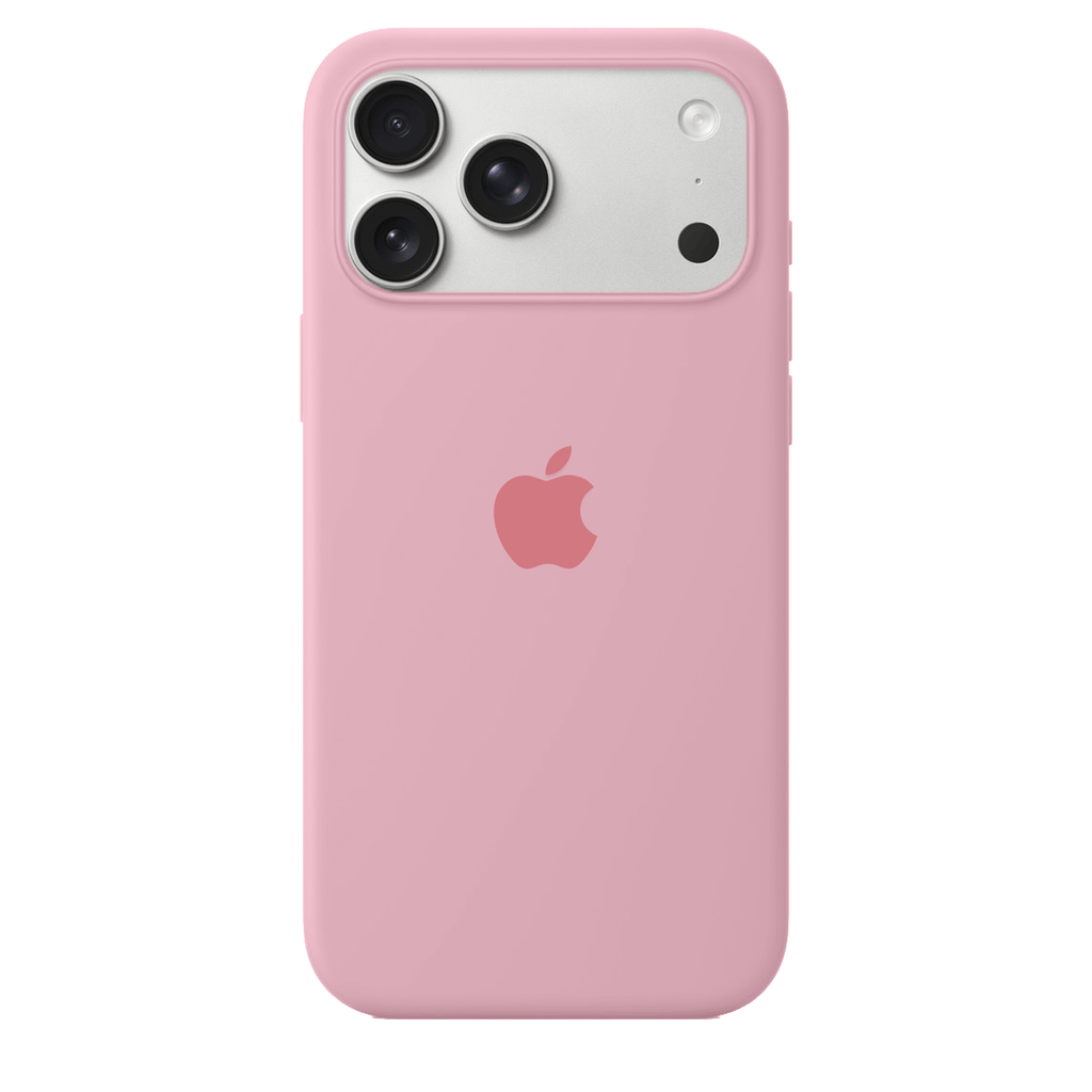 Rear view of a candy pink silicone iPhone case with a wide camera opening and centered Apple logo.