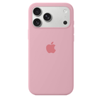Rear view of a candy pink silicone iPhone case with a wide camera opening and centered Apple logo.