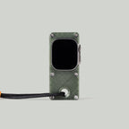 Front view of an olive green miniPhone Ultra case holding an Apple Watch Ultra with its screen off.