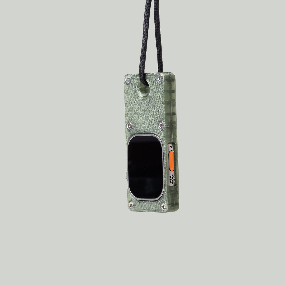 Olive green miniPhone Ultra case holding an Apple Watch Ultra, suspended from its black cord.