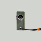 Rear view of the olive green miniPhone Ultra case showing the Apple Watch sensor and black cord.