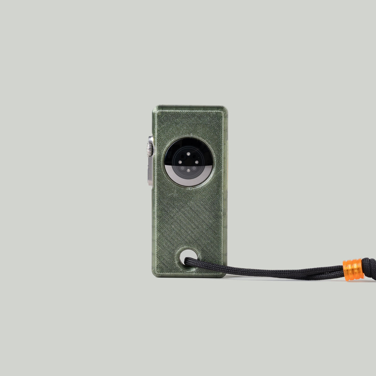Rear view of the olive green miniPhone Ultra case showing the Apple Watch sensor and black cord.